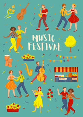 Music festival invitation card template with dancing couples and musicians playing different musical instruments. Flat vector illustration