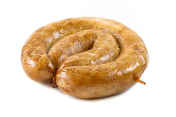 Grilled homemade sausage ring in a plate on white background. quality photo