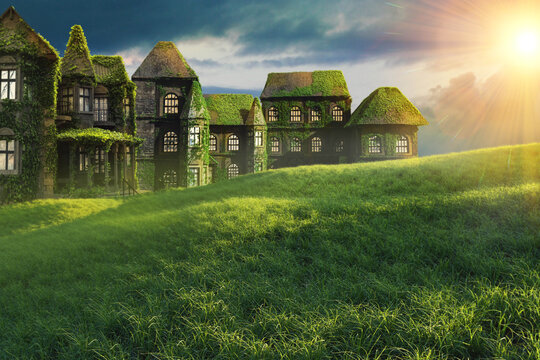 This is a photo-manipulation with 3D models and real time photography. An idyllic fantasy landscape with a green field and a castle filled with green vegetation.  