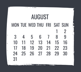 August year 2020 monthly brush stroke frame calendar