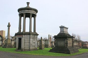 Fototapeta na wymiar Memorial stones in Glasgow Necropolis, Scotland 