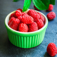 raspberry raw ripe red juicy berries Menu concept serving . food background top view copy space organic healthy eating