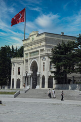 ISTANBUL, TURKEY - july 2020. Main entrance gate of Istanbul University on Beyazit Square with Turkish flags