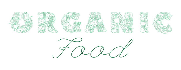 Lettering ORGANIC FOOD pattern logo of groceries farm fresh fruits and vegetables.