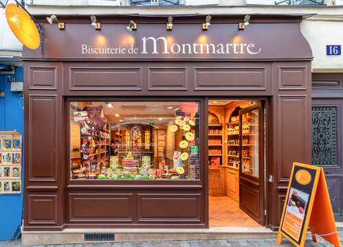 Paris, France - March 15, 2018: Market shop Biscuiterie de Montmartre in Paris