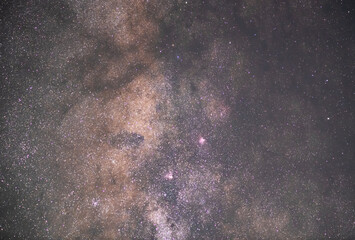 Beautiful starry sky with bright close-up milky way galaxy. Night landscape. Astronomical background.  Night photography.