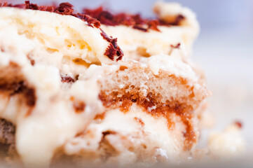 sliced creamy chocolate tiramisu cake closeup macro view 