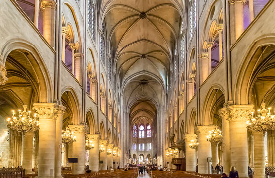 Paris, France - March 13, 2018: interior of the cathedral of Notre Dame in Paris, France