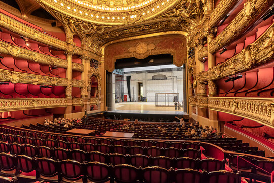 Paris, France - March 17, 2018: Auditorium inside of the Palais Garnier (Opera Garnier) in Paris, France. It was originally called the Salle des Capucines. Was built  for the Paris Opera.