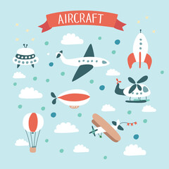 Vector illustration of air crafts set. Plane, rocket on blue.