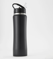 Full length black aluminium waterbottle. Isolated on white background.