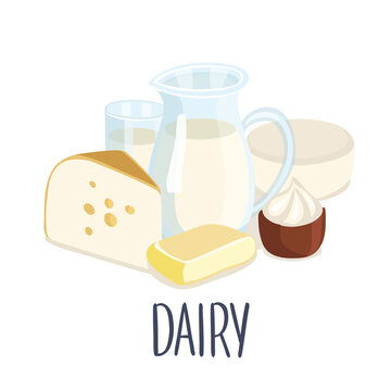 Illustration of dairy production and hand writing lettering. Milk jug, butter, a glass of milk, sour cream, cottage cheese, cheese