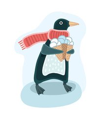 Vector illustration of penguin in the red scarf is holding ice cream