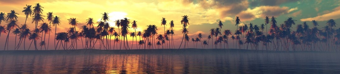 Obraz premium Palm trees over the water, a panorama of palm trees in a row at sunset by the sea, 3D rendering