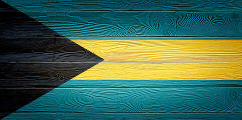 Bahamas flag painted on old wood plank background. Brushed natural light knotted wooden board texture. Wooden texture background flag of Bahamas.
