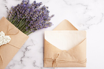 Envelope with copy space, lavender. Love letter, wedding concept