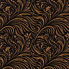 Seamless pattern. Russian traditional floral ornament in style of hohloma. Golden yellow on black. For fabric and decoration