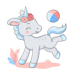 Vector illustration of a cute unicorn in pink, blue and gray colors, with a wreath of flowers on its head, playing with the ball.