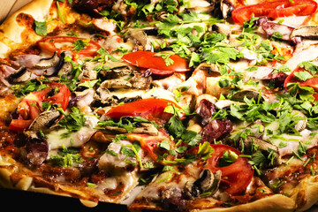 Homemade Pizza With Fresh Tomato ham Mushroom Cheese. close up. Pizza time.Junk food, calories