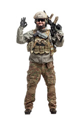 American soldier in military equipment with a rifle on a white background makes a good sign,...