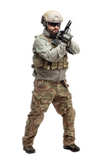 soldier in military equipment with a gun on a white background, a commando in uniform with a gun to aim and attack