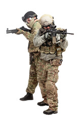 two american soldiers in military equipment with weapons on a white background, military special forces with ammunition, airsoft concept