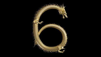 3D Chinese Dragon pose in shape letter number six with 3d rendering,The legend animal from asia.