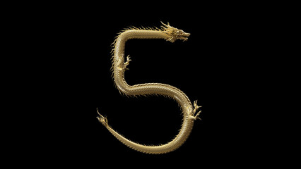 3D Chinese Dragon pose in shape letter number five with 3d rendering,The legend animal from asia.