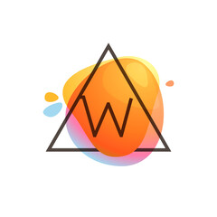 W letter logo in triangle frame at watercolor splash background. Color overlay style.
