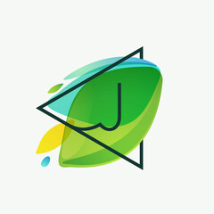 Obraz premium J letter logo in triangle frame at green leaves watercolor background.