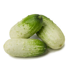 Fresh small cucumbers isolated on a white background close-up.