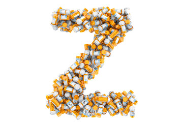 Letter Z from medical bottles with drugs. 3D rendering