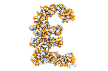 Pound sterling symbol from medical bottles with drugs. 3D rendering