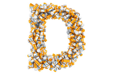 Letter D from medical bottles with drugs. 3D rendering
