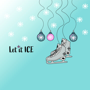 A christmas card with snowflakes and skate shoes 