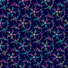 Seamless pattern on a blue background with multicolor elements, ornament. Abstract texture, modern concepts for your design.