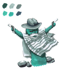 Cactus Character Cowboy In Poncho. Hand drawn marker illustration