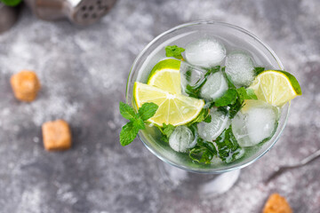 Martini cocktail with lime and mint.