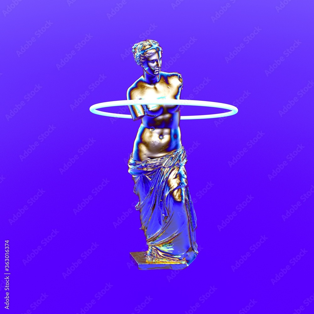 Poster 3d rendering of surreal futuristic scene with sculpture and neon ring around it. venus de milo figur