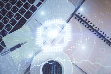 Double exposure of data theme drawing hologram over topview work table background with computer. Concept of technology.