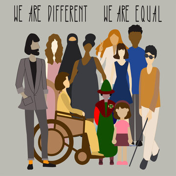 Vector illustration different people and text We are different We are equal. Human rights day