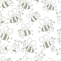 Seamless pattern with bees, coloring page