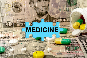 Double exposure. Puzzles depicting pills and dollars with the inscription -MEDICINE