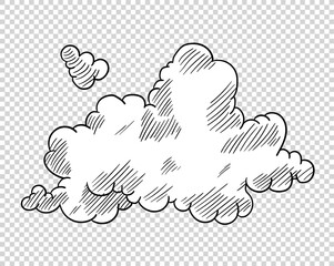 Hand drawn cloud in cartoon style. Doodle sky sketch. Coloring design element. Vector illustration on transparent background