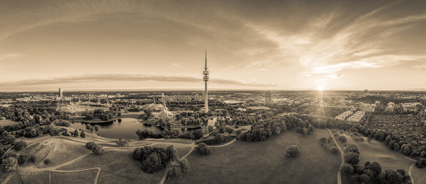 Munich in sepia look. The Olympic Park in total view at a beautiful sunrise.