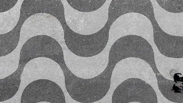 Rio de Janeiro, Brazil, top view of iconic wave pattern mosaic sidewalk at Copacabana Beach. 