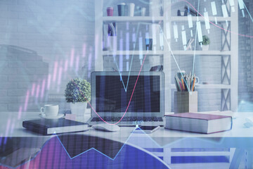 Obraz na płótnie Canvas Double exposure of financial graph drawing and office interior background. Concept of stock market.