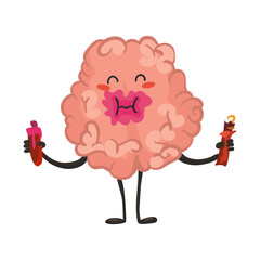 Brain character emotion. Brain character eating snack. Funny cartoon emoticon. Vector illustration isolated on white background