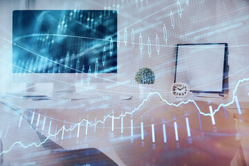 Multi exposure of stock market chart drawing and office interior background. Concept of financial analysis.
