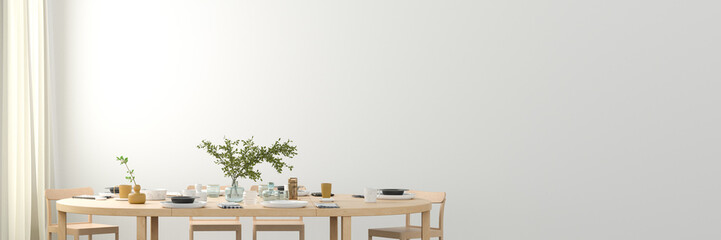 Blank white wall mock up in the dining room with served wooden table.